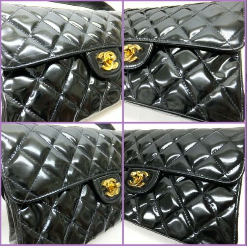 Chanel Double Face Bag 26 Quilted Patent Leather Black Gold
