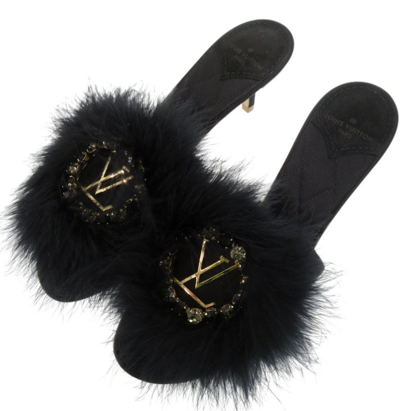 Louis Vuitton Fur Crystal LV Logo Marilyn Kitten Heel 37