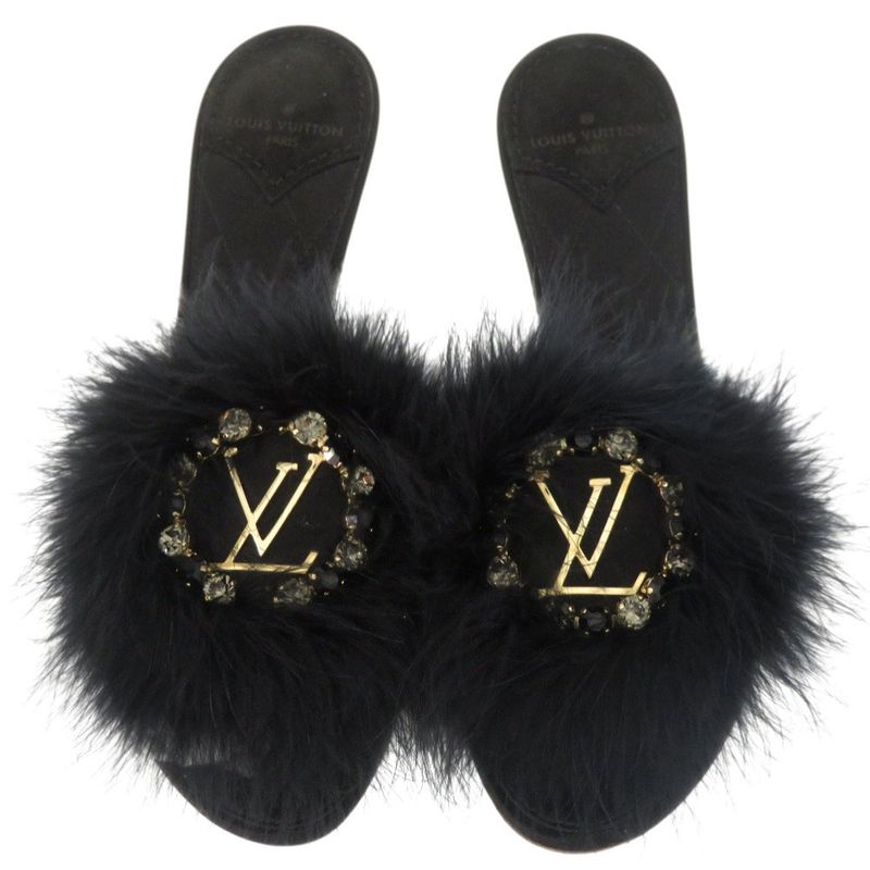 Louis Vuitton Fur Crystal LV Logo Marilyn Kitten Heel 37