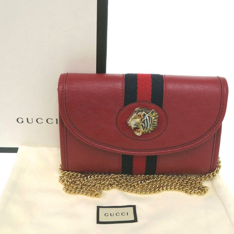Gucci Rajah Web Stripe Chain Shoulder Bag Gold Leather Canvas Red Navy