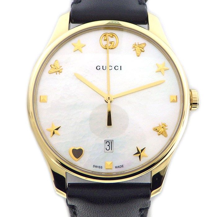 Gucci Watch Timeless 126.4 White Shell Dial Date Back Skew Black Cowhide