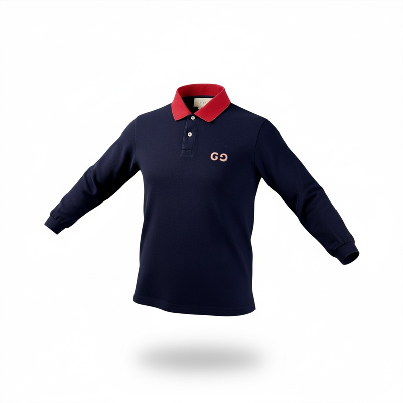 Gucci GG Embroidery 3/4 Length Polo Shirt S Navy Blue