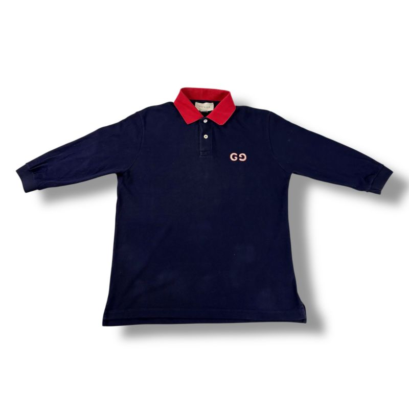 Gucci GG Embroidery 3/4 Length Polo Shirt S Navy Blue