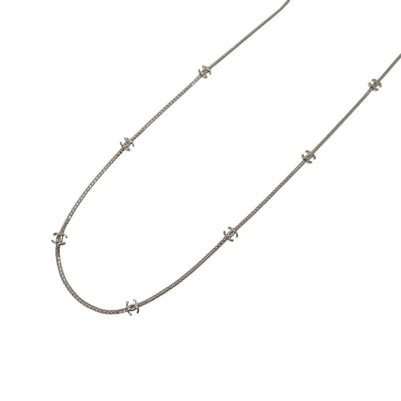 Chanel CC Logo Long Necklace Metal Silver