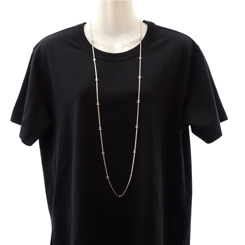 Chanel CC Logo Long Necklace Metal Silver