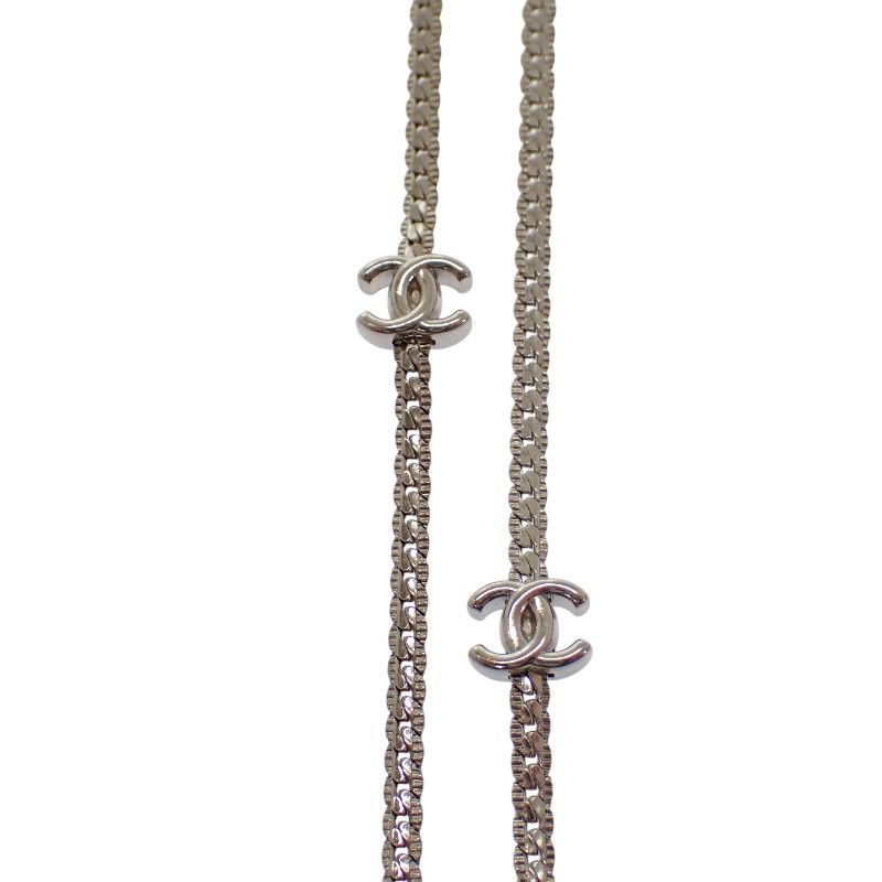 Chanel CC Logo Long Necklace Metal Silver