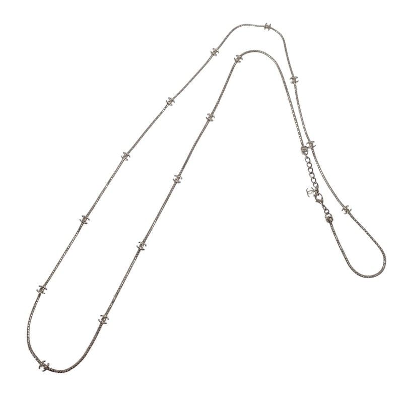 Chanel CC Logo Long Necklace Metal Silver