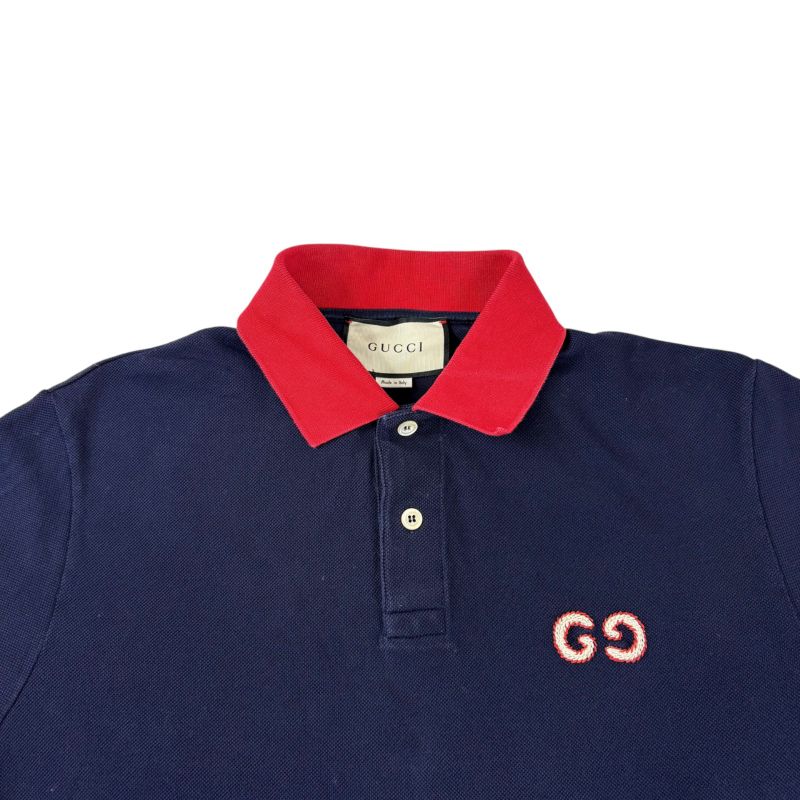 Gucci GG Embroidery 3/4 Length Polo Shirt S Navy Blue