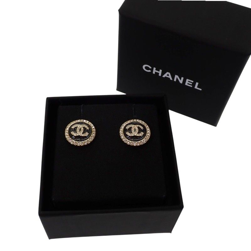 Chanel CC Round Earrings Metal Strass Black Gold