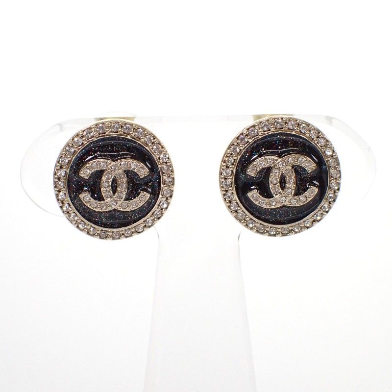 Chanel CC Round Earrings Metal Strass Black Gold