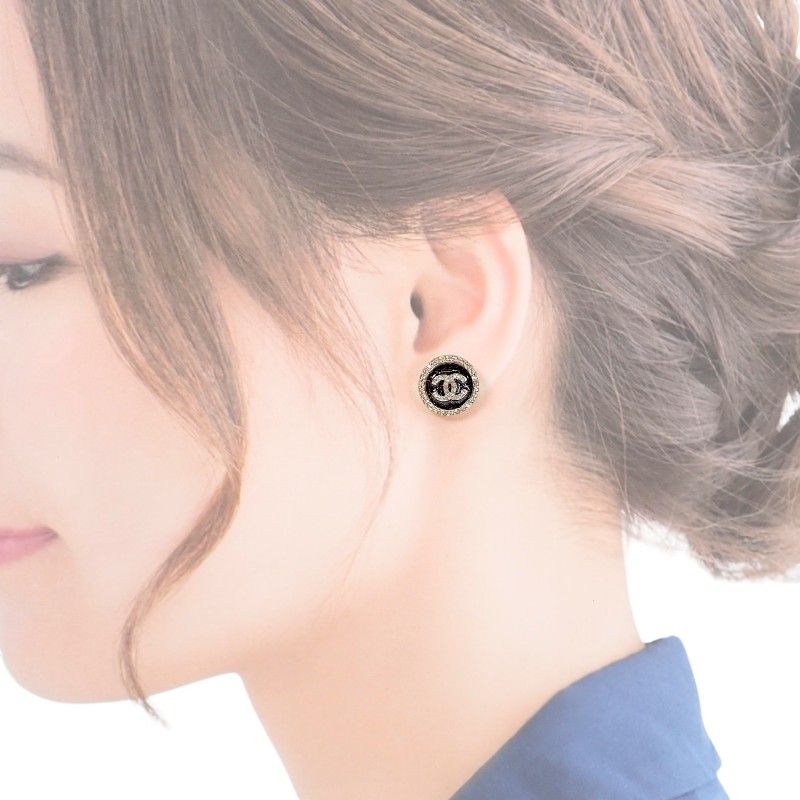 Chanel CC Round Earrings Metal Strass Black Gold