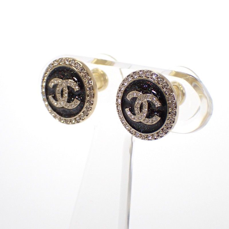 Chanel CC Round Earrings Metal Strass Black Gold