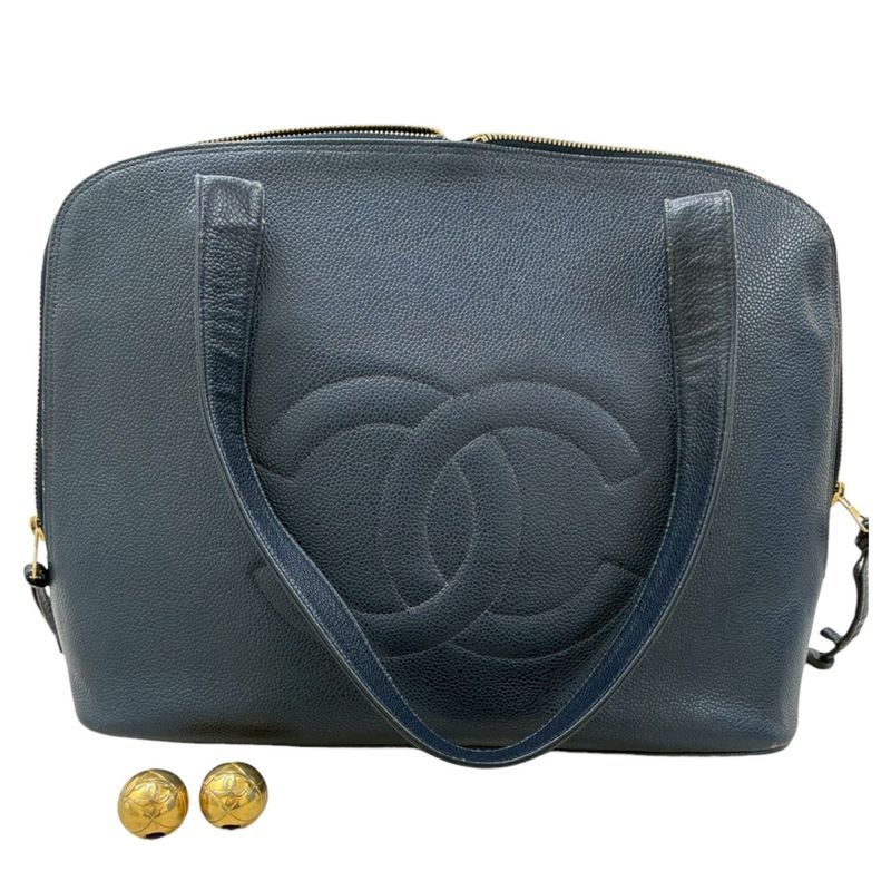 Chanel Big CC Logo Navy Gold Leather Tote