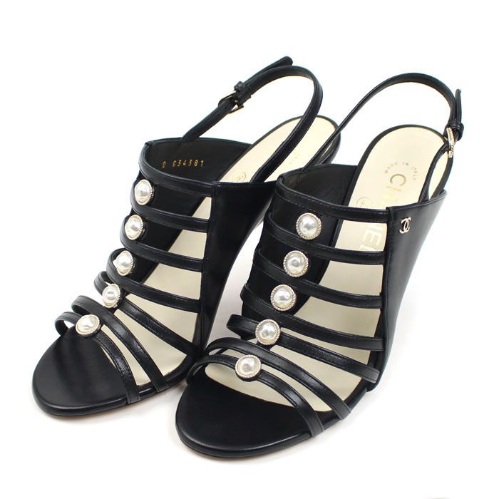 Chanel CC Logo Faux Pearl Sandals Black 37.5