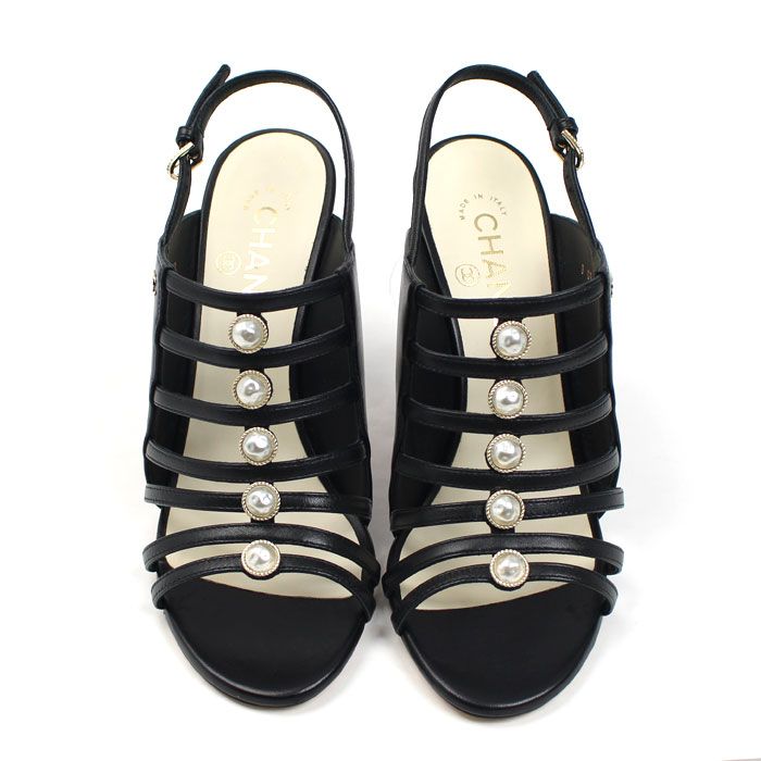 Chanel CC Logo Faux Pearl Sandals Black 37.5