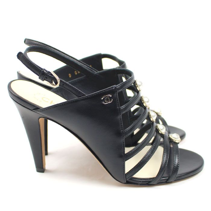 Chanel CC Logo Faux Pearl Sandals Black 37.5