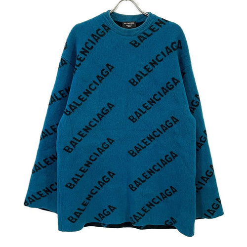 Balenciaga Blue Black Slash Logo Oversized Neck Wool Knit Top )