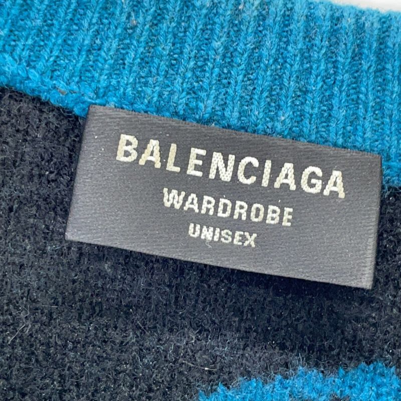 Balenciaga Blue Black Slash Logo Oversized Neck Wool Knit Top )