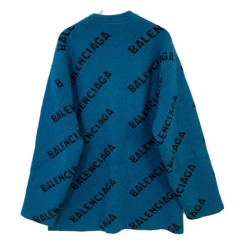 Balenciaga Blue Black Slash Logo Oversized Neck Wool Knit Top )