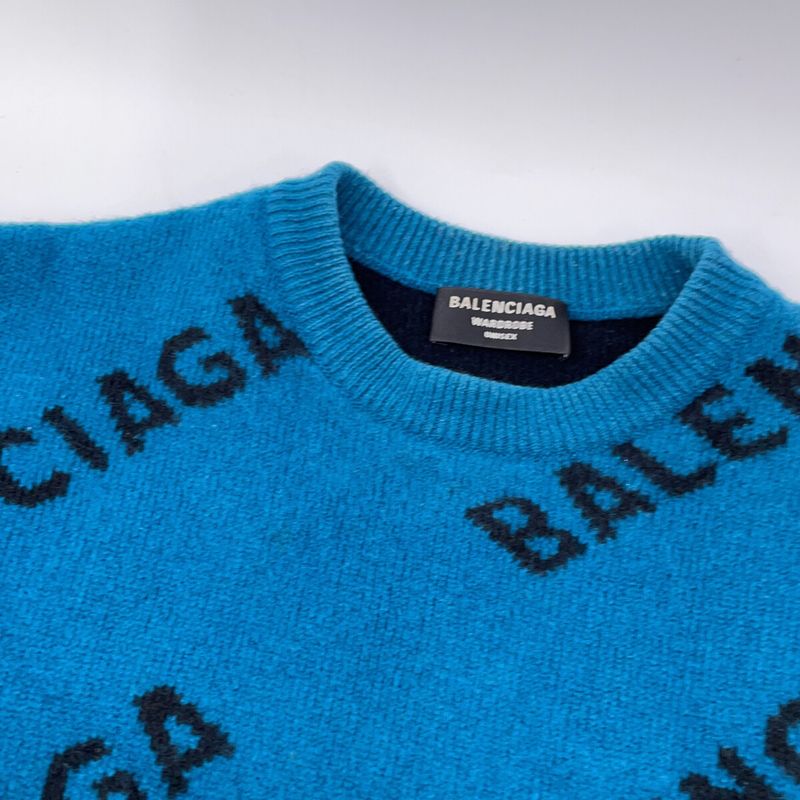 Balenciaga Blue Black Slash Logo Oversized Neck Wool Knit Top )
