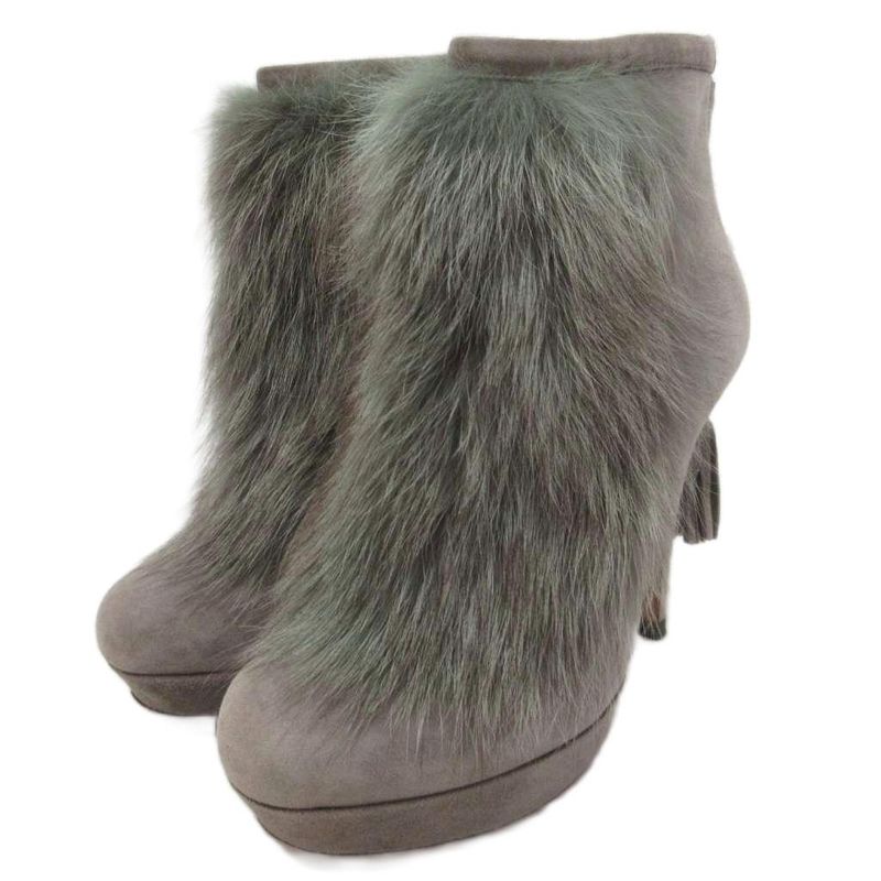 Gucci Bamboo Booties Ankle Boots Suede Mink Faux High Heels Wedge Sole 34.5