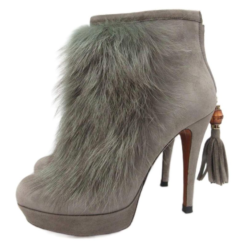 Gucci Bamboo Booties Ankle Boots Suede Mink Faux High Heels Wedge Sole 34.5