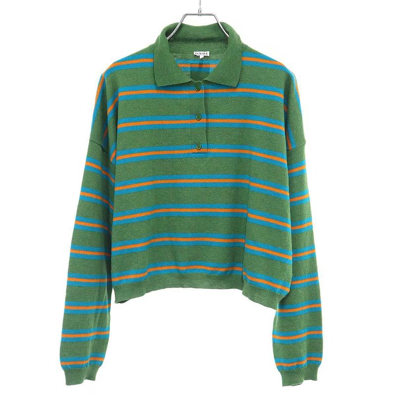 Loewe Cropped Wide Border Knit Polo Shirt Green