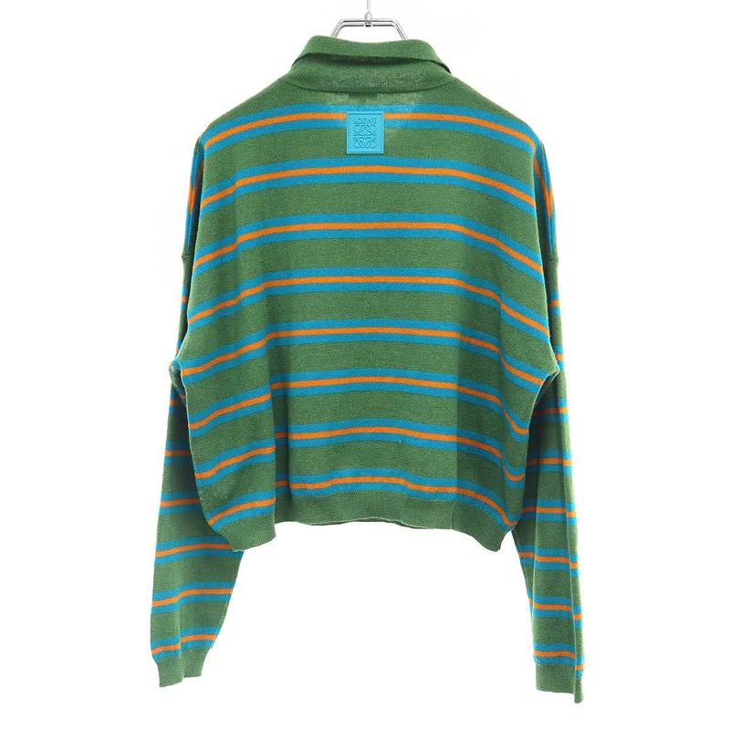 Loewe Cropped Wide Border Knit Polo Shirt Green