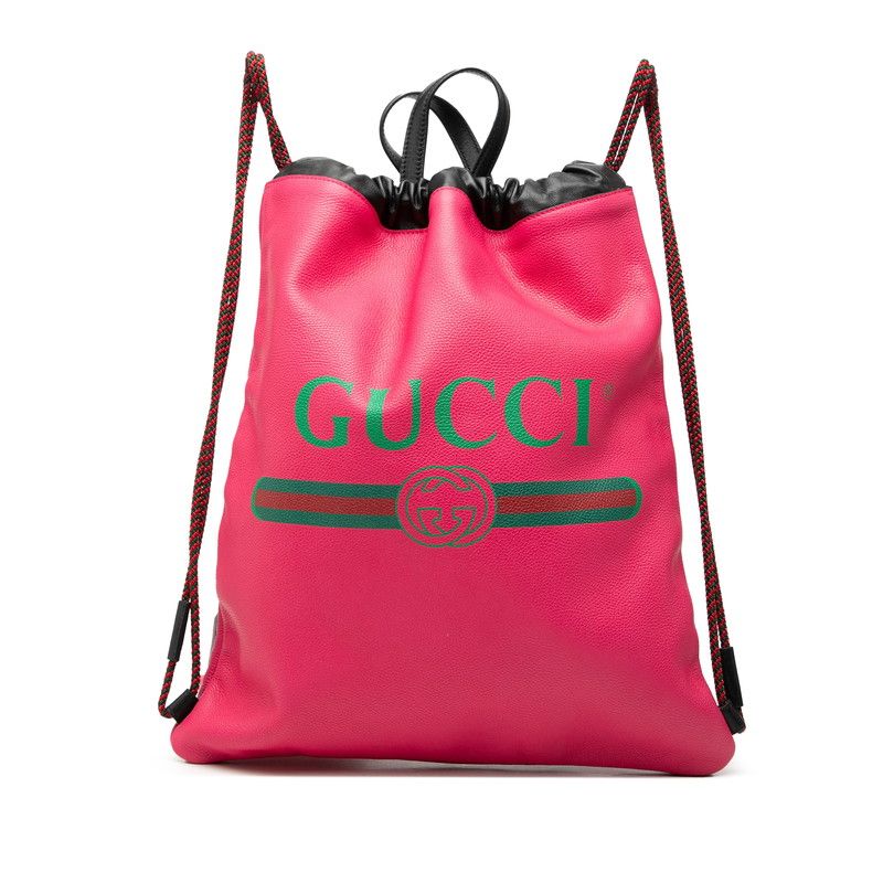 Gucci Print Backpack Drawstring Nap Sac Pink Black Leather
