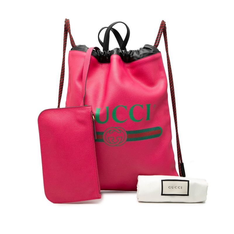 Gucci Print Backpack Drawstring Nap Sac Pink Black Leather