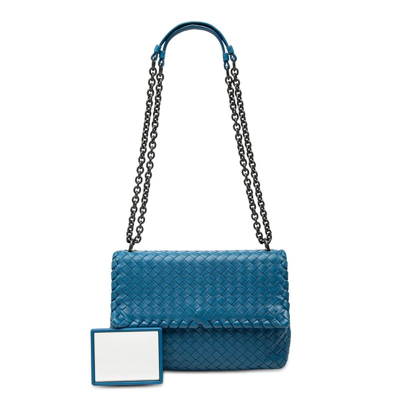 Bottega Veneta Intrecciato Olympia Crossbody Chain Shoulder Bag Blue Leather