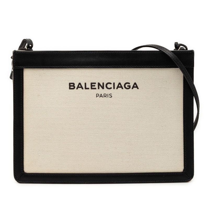 Balenciaga Logo Navy Pochette Crossbody Shoulder Bag Black Ivory Canvas