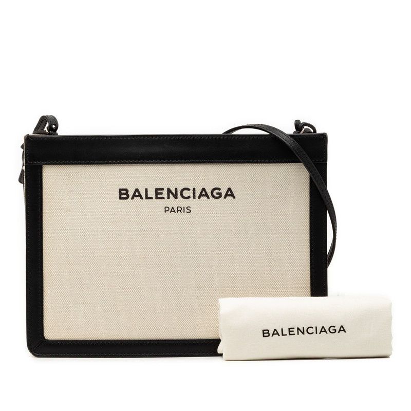 Balenciaga Logo Navy Pochette Crossbody Shoulder Bag Black Ivory Canvas