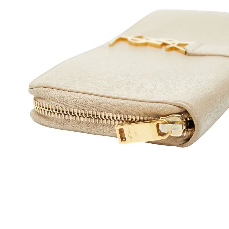 Saint Laurent YSL Logo Round Zip Wallet Beige Leather