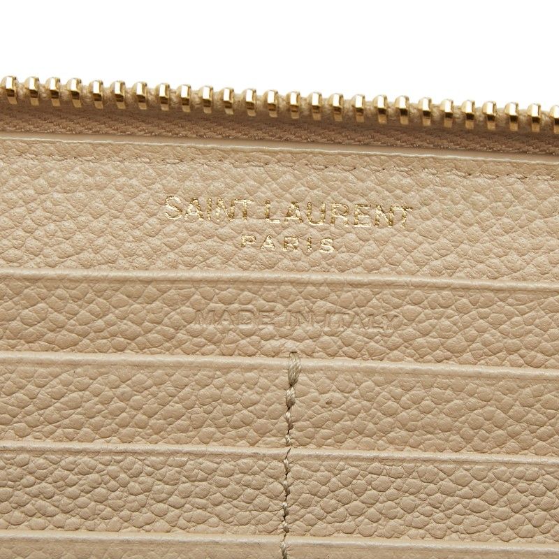 Saint Laurent YSL Logo Round Zip Wallet Beige Leather