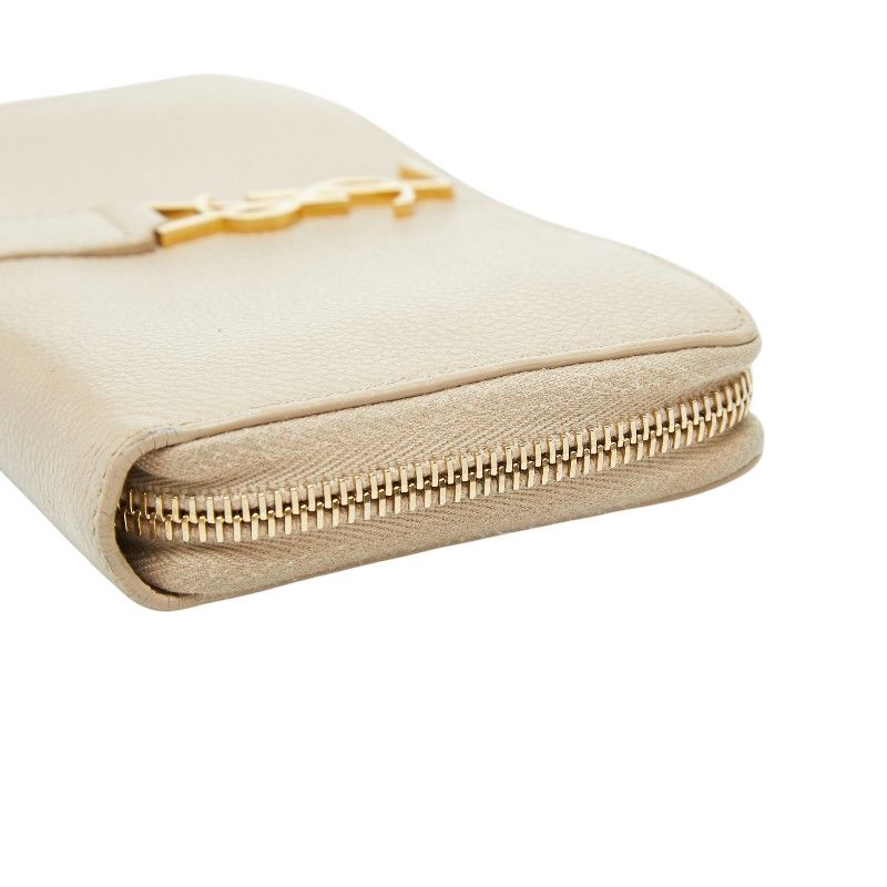 Saint Laurent YSL Logo Round Zip Wallet Beige Leather