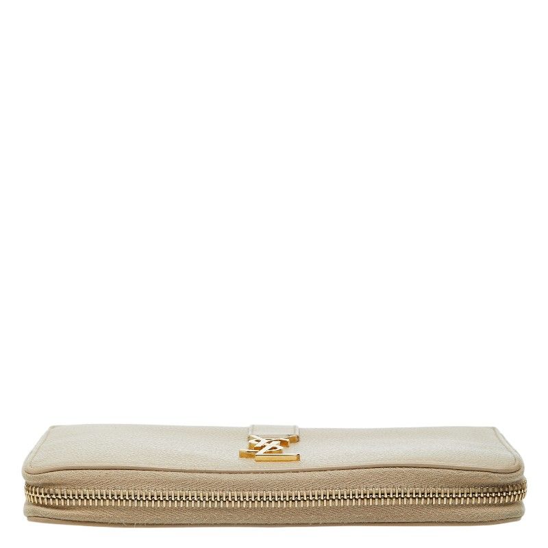 Saint Laurent YSL Logo Round Zip Wallet Beige Leather