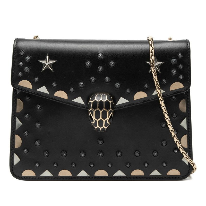 Bvlgari Serpenti Studded Chain Shoulder Bag Black Leather