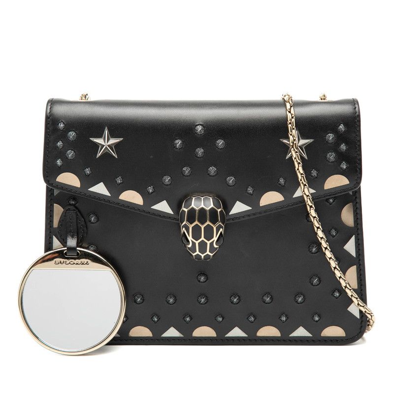 Bvlgari Serpenti Studded Chain Shoulder Bag Black Leather
