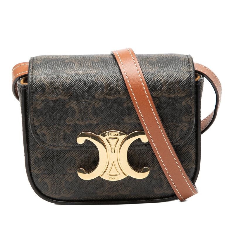 Celine Triomphe Mini Claude Crossbody Shoulder Bag Brown Tan Leather