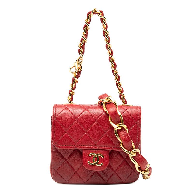 Chanel Mini Quilted Chain Shoulder Bag Red Gold Lambskin