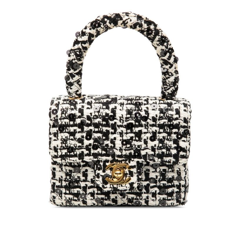 Chanel CC Logo Mini Handbag Black White Tweed Sequin