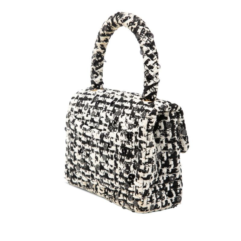 Chanel CC Logo Mini Handbag Black White Tweed Sequin