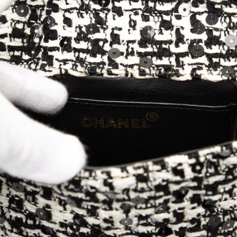 Chanel CC Logo Mini Handbag Black White Tweed Sequin