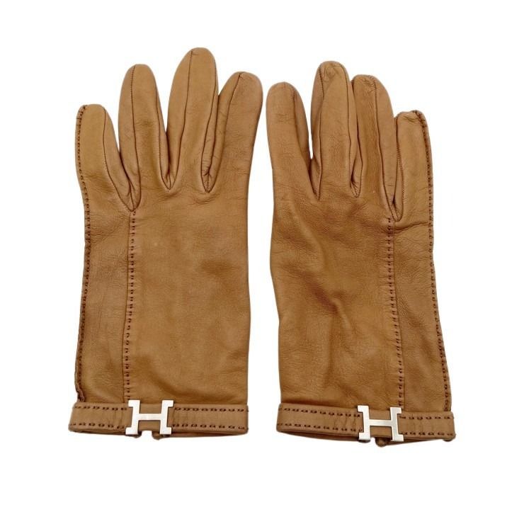 Hermes Gloves Logo Brown Leather Silver