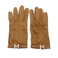 Hermes Gloves Logo Brown Leather Silver