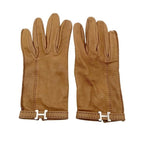 Hermes Gloves Logo Brown Leather Silver