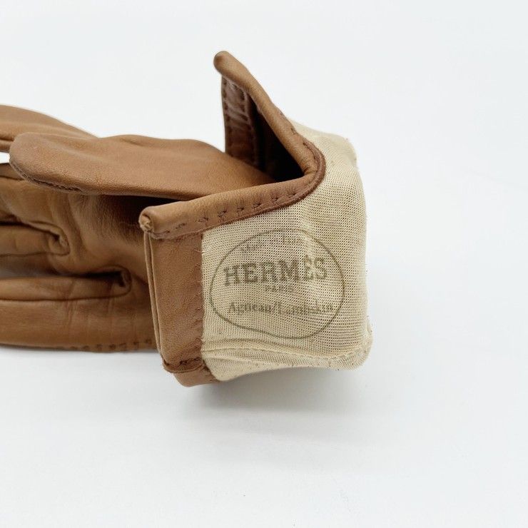 Hermes Gloves Logo Brown Leather Silver