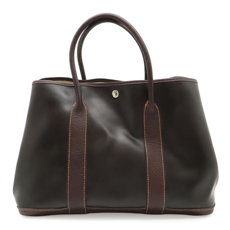 Hermes Garden Party PM Tote Amazonia Leather Dark Khaki Dark Dark Brown