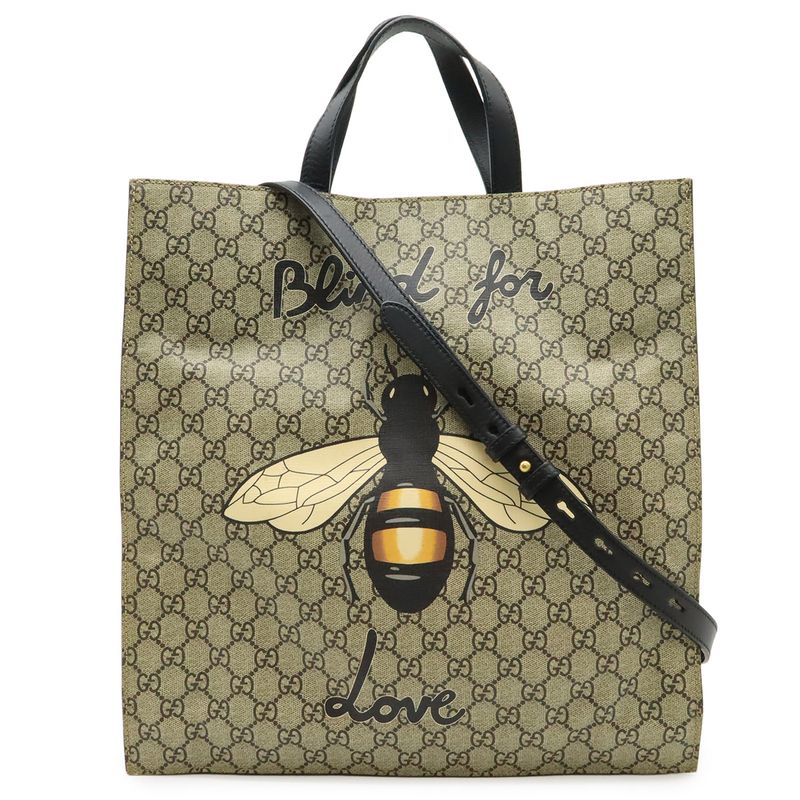 Gucci GG Supreme Bee Print Bee Tote 2-Way Shoulder Bag Leather Khaki Beige Black